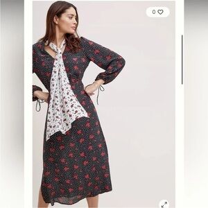 RIXO Black Midi Dress with Red Floral Print and White Scarf
